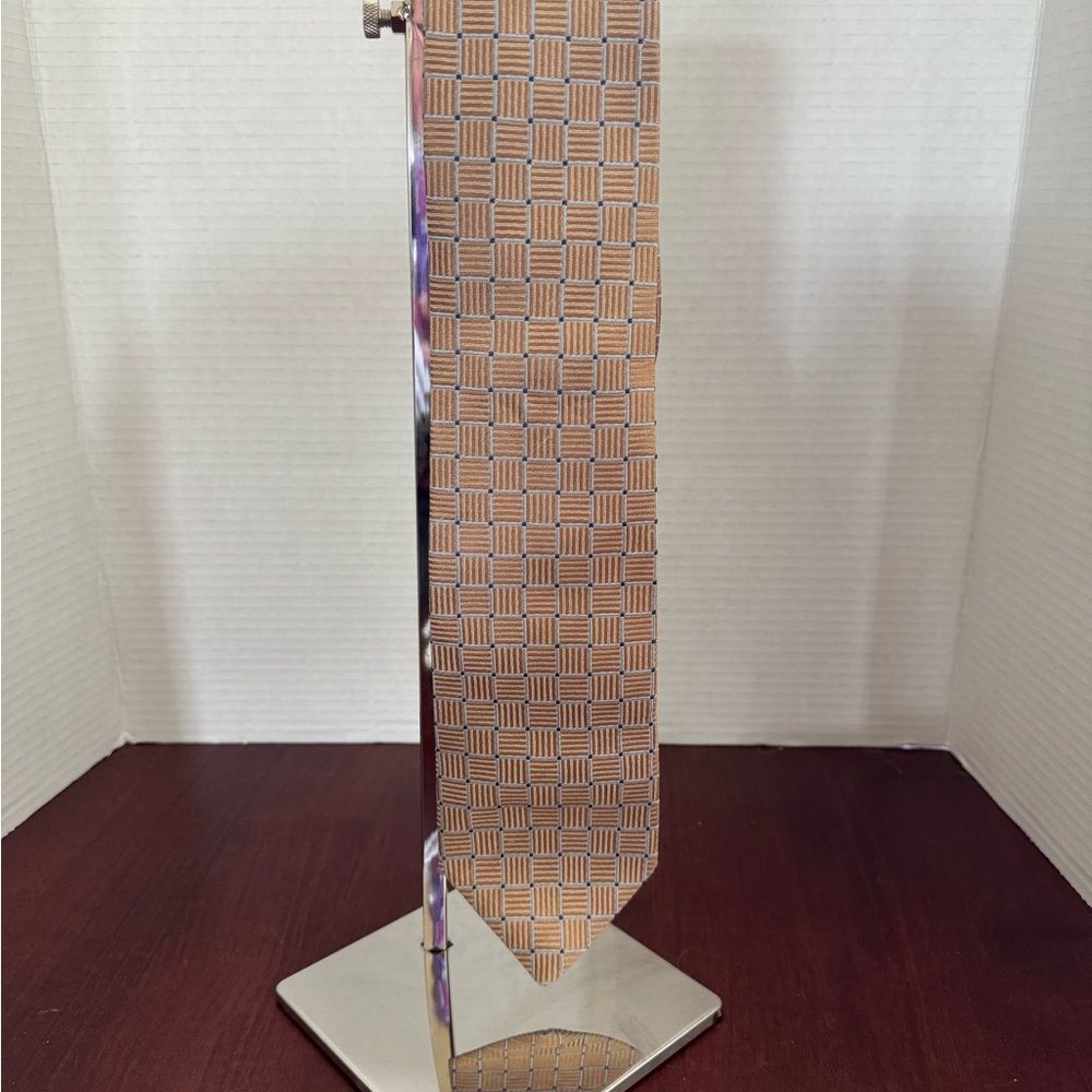Vintage Christian Dior Boutique Silk Necktie Tan Blue Geometric Woven Designer